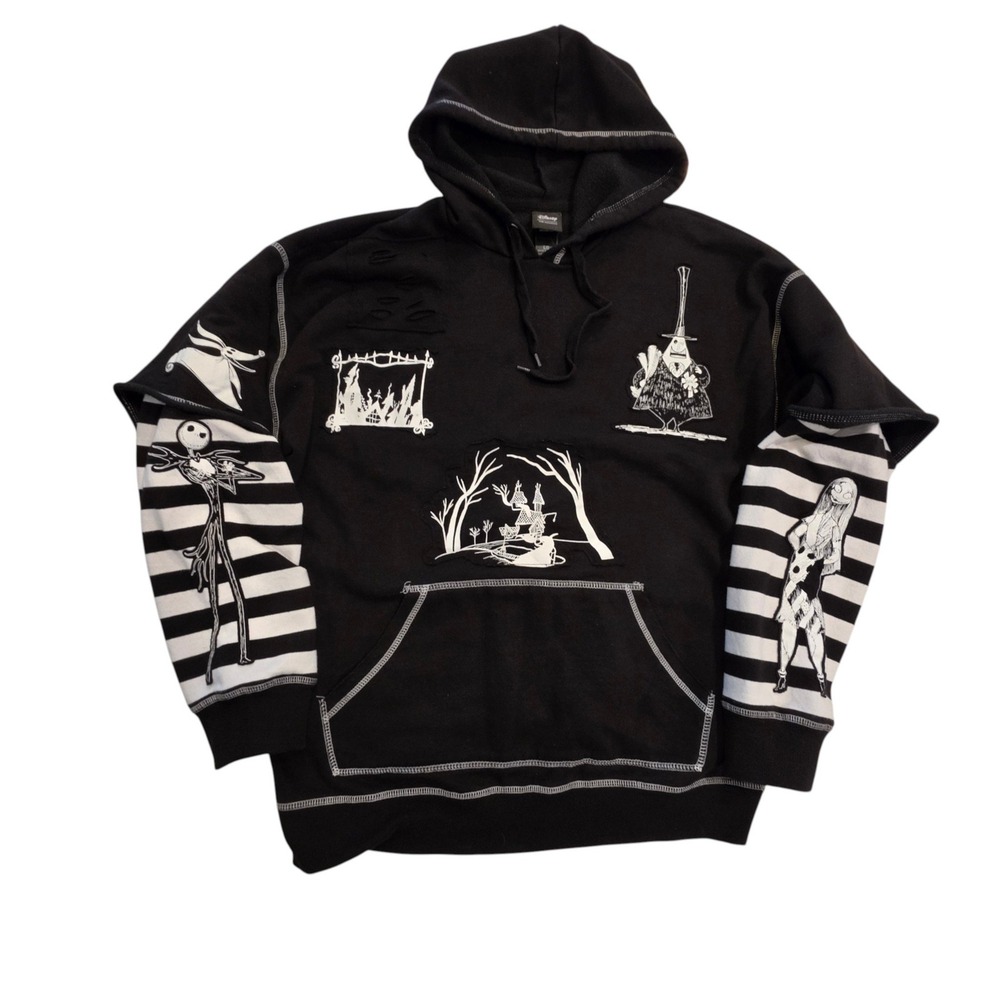 Disney Mens Nightmare Before Christmas Hoodie Black Striped Sleeve Large